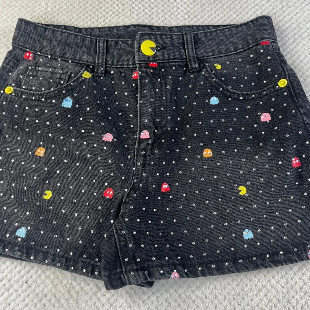 Justice Pac-Man Girls Black Denim Rhinestone Shorts Size 14 Retro Gaming Graphic